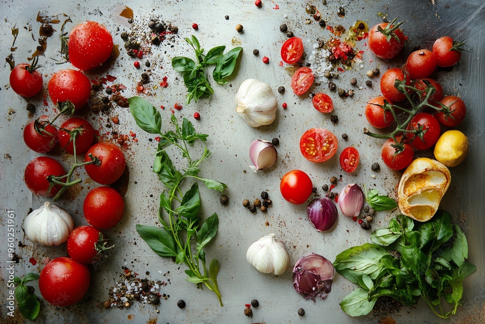 Fresh Tomatoes, Garlic, Basil, and Spices on a Metal Surface Fresh Tomatoes, Garlic, Basil, and Spices on a Metal Surface