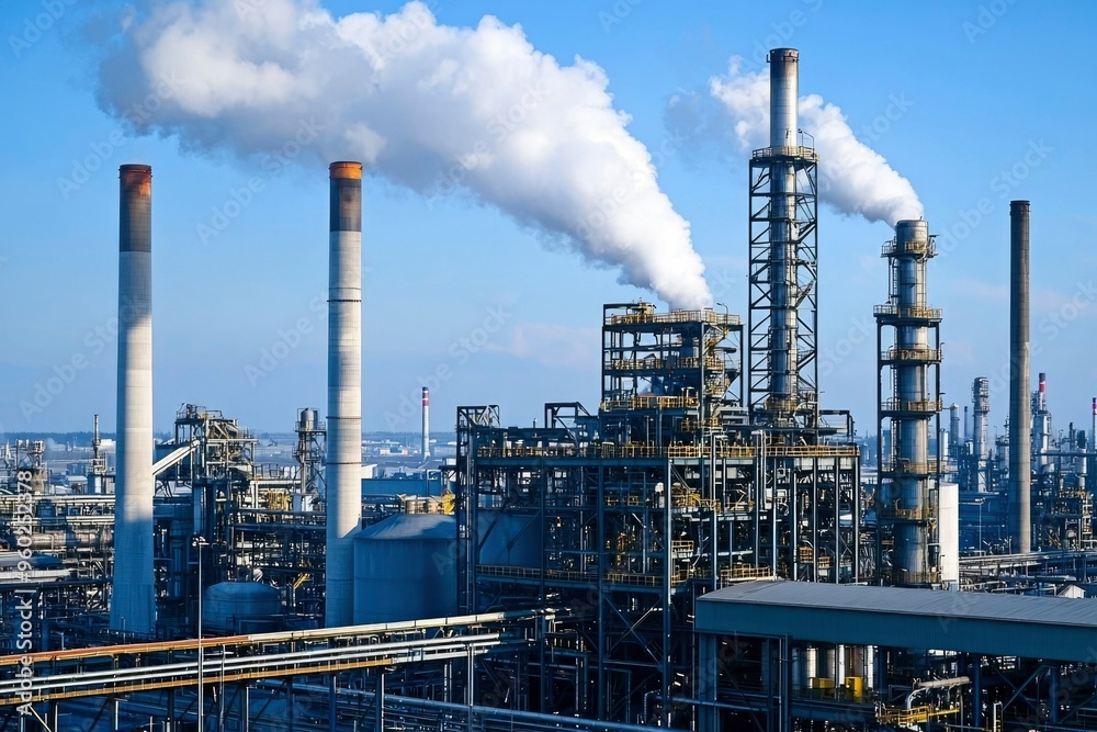Industrial Complex with Smoke Plumes and Tall Chimneys Industrial Complex with Smoke Plumes and Tall Chimneys