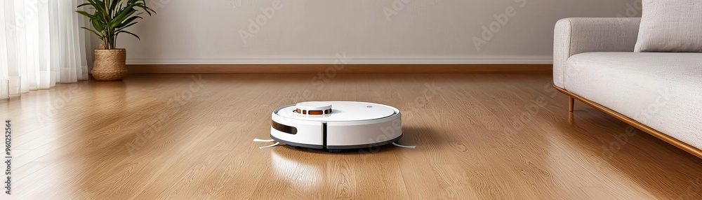 Robotic vacuum cleaning a modern, spacious living room, smart home maintenance, minimalistic interior, sleek design, and clean lines Robotic vacuum cleaning a modern, spacious living room, smart home maintenance, minimalistic interior, sleek design, and clean lines