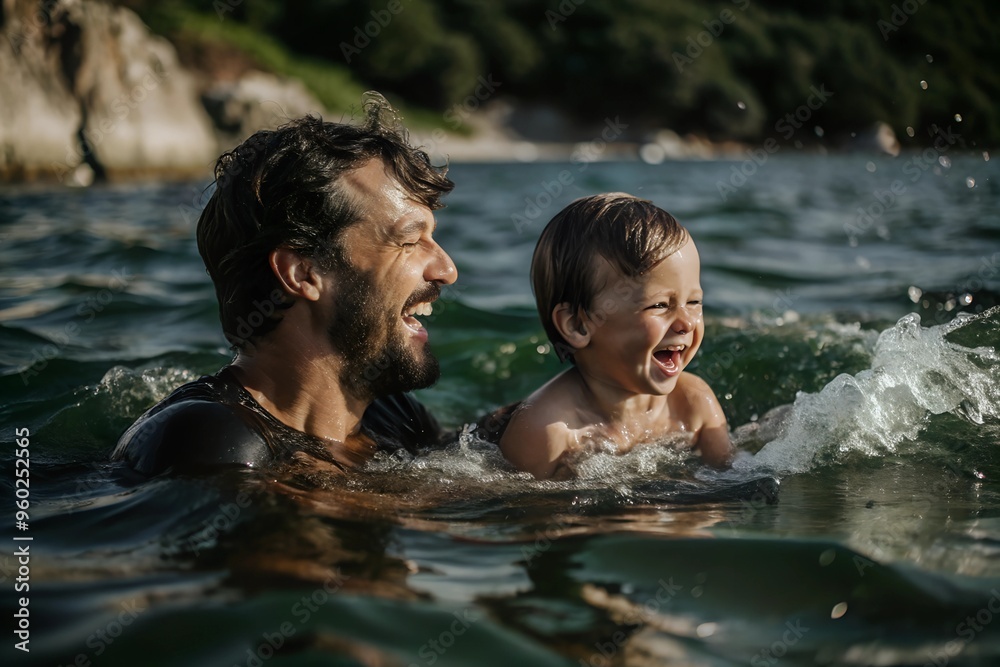 Father and child swimming in the ocean, waves splashing around, smiles all around Father and child swimming in the ocean, waves splashing around, smiles all around