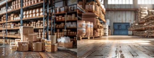 Warehouse interior with cardboard boxes and supplies on wooden pallets