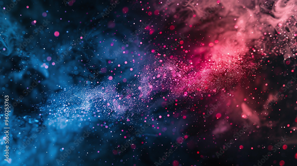 Obraz premium Paint Blend with Pink, Blue, Red, and Black Glowing Particles in Fluid Splatter