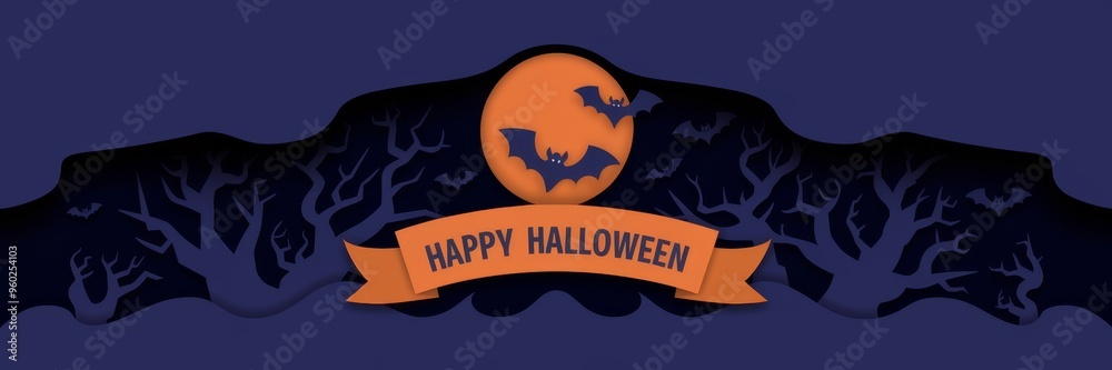 Naklejka premium Spooky Halloween Banner with Bat Silhouette