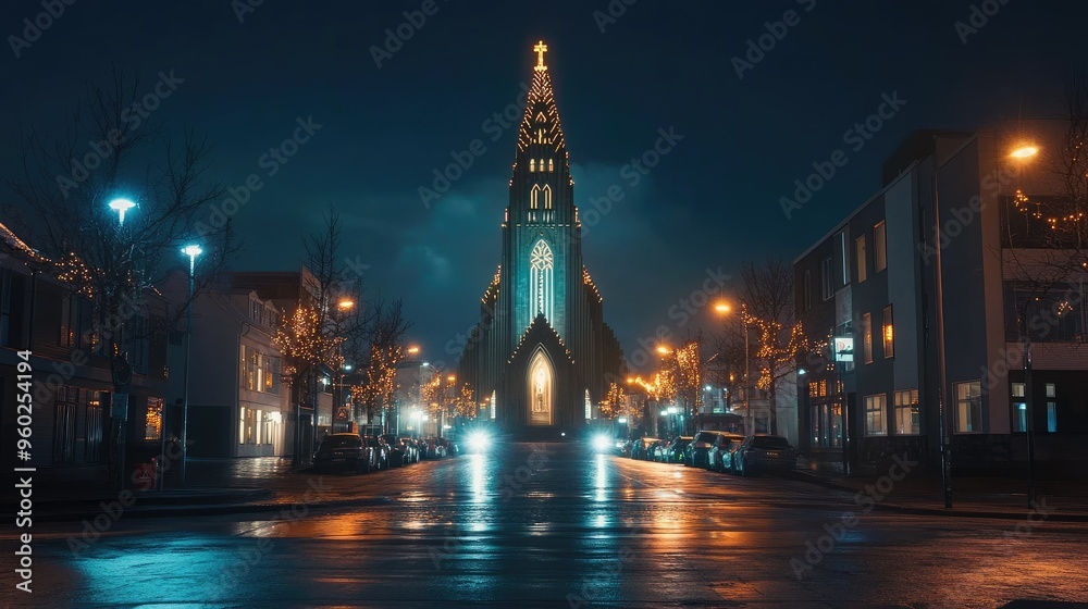 Obraz premium Reykjavikfamous church illuminated at night, towering over the city streets.