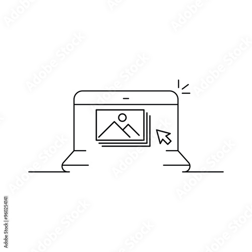 editing picture in photo editor software on laptop photography vector linear icon and infographic | illustrations of gear and equipment for photographers