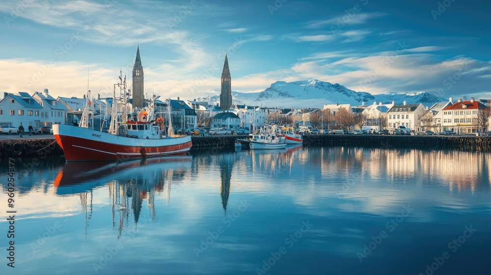 Reykjavik's harbor with fishermen working and boats coming in, with the city skyline behind. Reykjavik's harbor with fishermen working and boats coming in, with the city skyline behind.