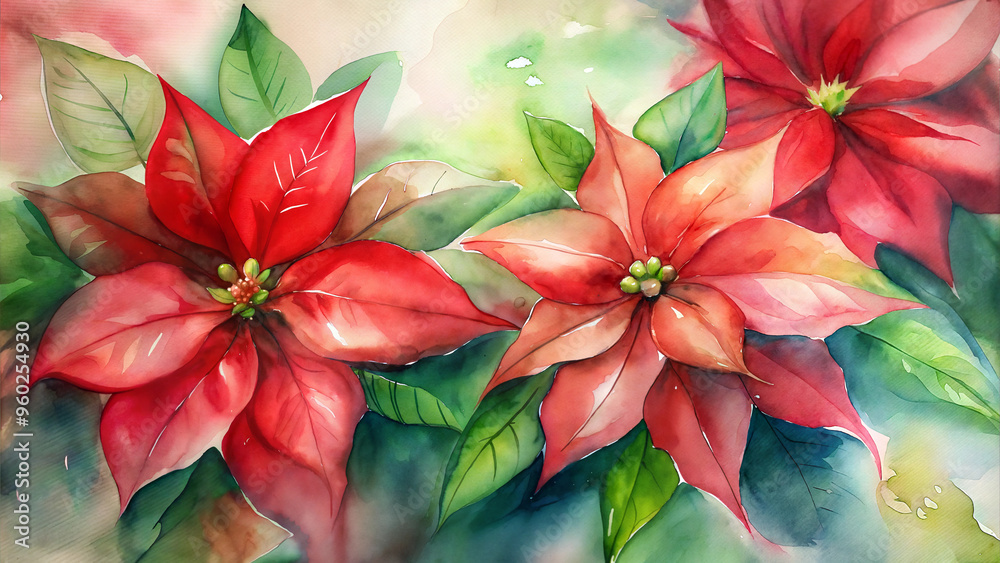 Obraz premium Poinsettia flowers in vibrant red with green leaves on a colorful background for festive decoration