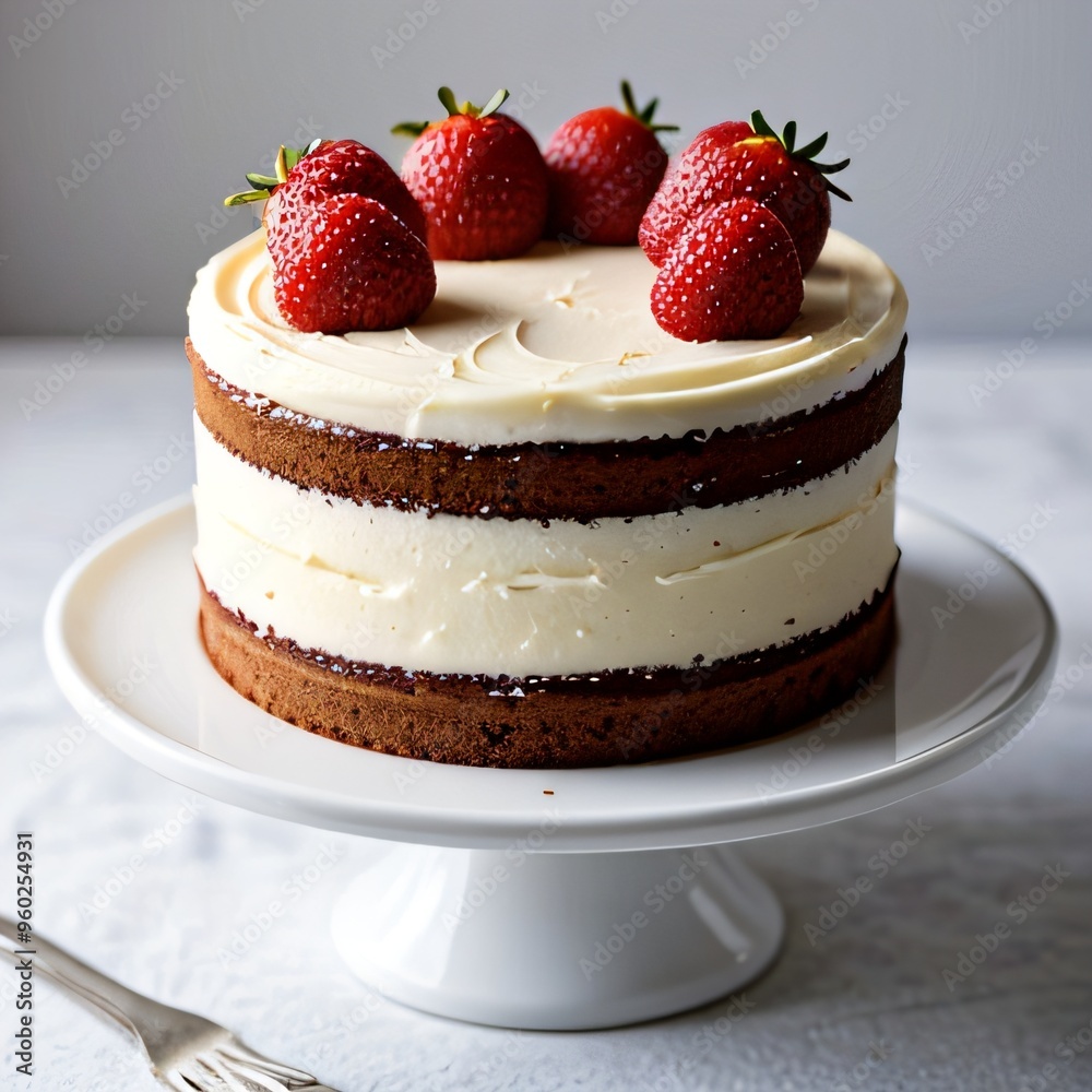 Layered Vanilla Cake with Strawberries on Top Layered Vanilla Cake with Strawberries on Top