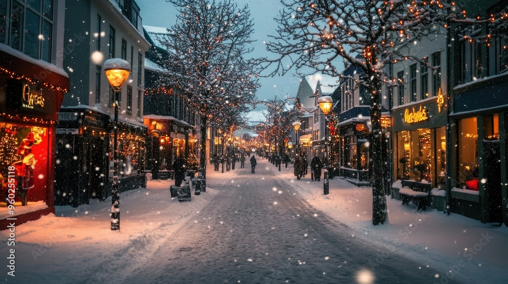 Fototapeta premium Reykjavik streets covered in fresh snow with Christmas lights illuminating the cozy atmosphere.