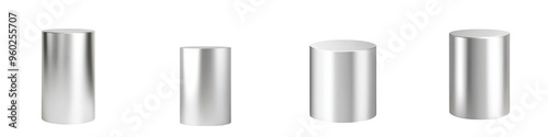 Set of four modern, glossy cylindrical objects showcasing varying heights and finishes, ideal for design and decor applications. isolated on a transparent background