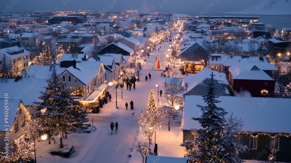 Obraz premium Reykjavik winter landscape with snow-covered rooftops, Christmas decorations, and festive lights.