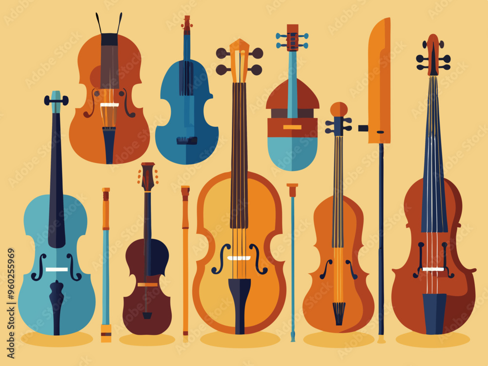 Naklejka premium Set of different violins, string instruments.Vector images of musical instruments