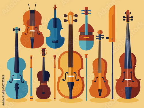 Set of different violins, string instruments.Vector images of musical instruments