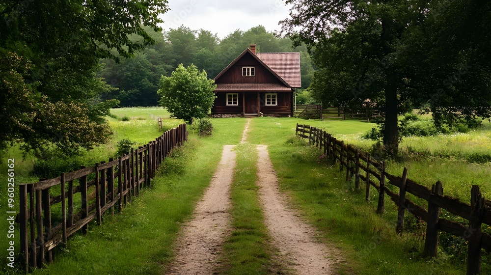 Rustic Farmhouse Guesthouse Surrounded by Lush Green Fields and Wooden Fences on a Dirt Path Rustic Farmhouse Guesthouse Surrounded by Lush Green Fields and Wooden Fences on a Dirt Path