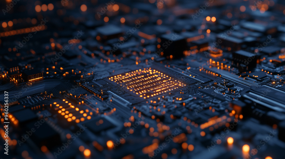 Abstract technological background featuring various elements of a printed circuit board (PCB). The design incorporates depth of field and bokeh effects, creating a sense of focus and detail. The PCB Abstract technological background featuring various elements of a printed circuit board (PCB). The design incorporates depth of field and bokeh effects, creating a sense of focus and detail. The PCB