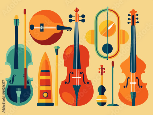 Set of different violins, string instruments.Vector images of musical instruments