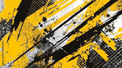 Urban street art graffiti poster with grunge texture and halftone effects in yellow and black, featuring distressed overlays, brush-drawn elements, ink drips, and paint splashes in a vintage style photo