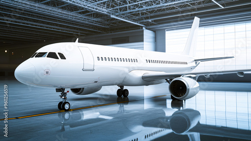 Aeroplane mockup parked in airport hangar for branding and promotional media