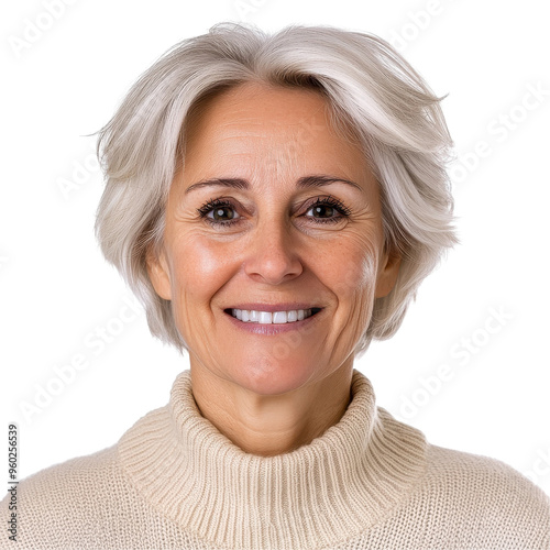 A woman with a white sweater and gray hair is smiling on a transparent background.