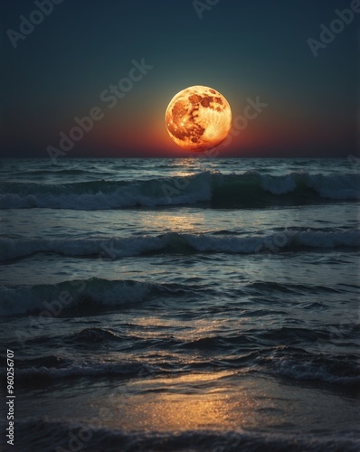 Majestic Full Moon Rising Over Tranquil Ocean Seascape. photo