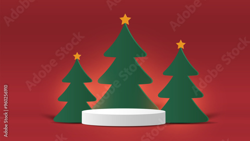 White podium with tree, star and light on red background, Christmas celebration product display background, vector iilustration.