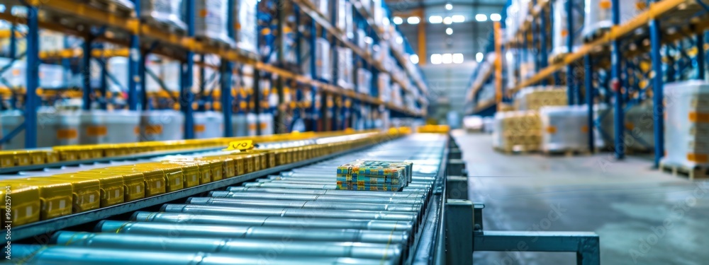 Conveyor belt in a large industrial warehouse Conveyor belt in a large industrial warehouse