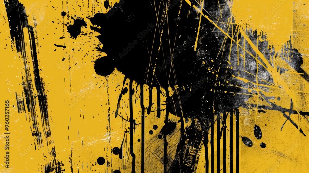 Fototapeta premium Urban street art graffiti poster with grunge and halftone texture in bold yellow and black tones, featuring distressed brush-drawn elements, ink drips, and paint splashes in a vintage-style design