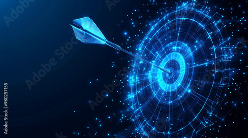 Business achievement with a target goal on a blue background. Features a dart hitting the bullseye on a dartboard, depicted in low-poly wireframe. Vector illustration with a fantastic design.