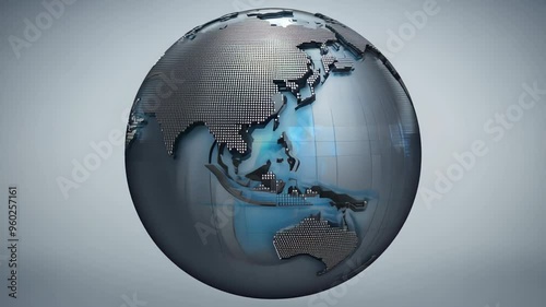 dark metallic globe focusing on the Asia-Pacific region, set against a gradient background, highlighting the continents and oceans with a sleek, reflective surface. photo