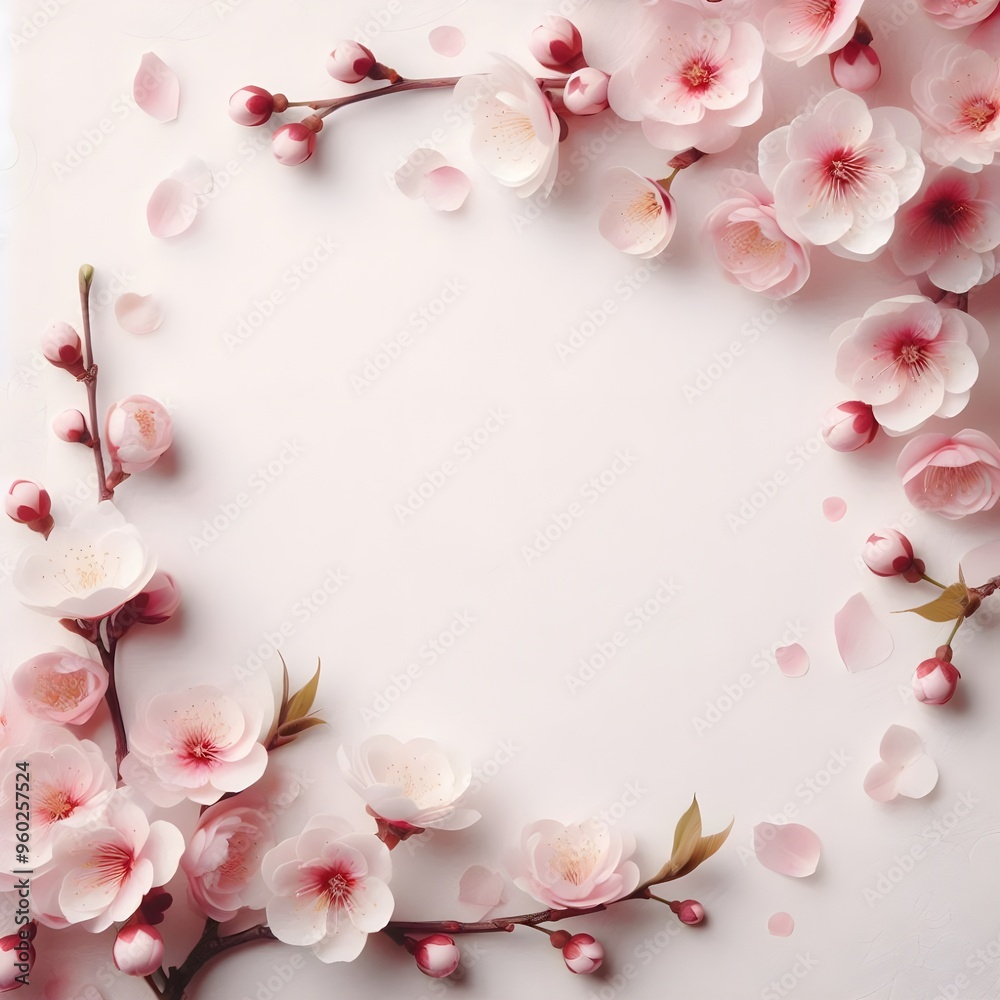 日本の桜をテーマにしたグリーティング カードの空のテンプレート。白背景に日本の桜のフレーム 日本の桜をテーマにしたグリーティング カードの空のテンプレート。白背景に日本の桜のフレーム