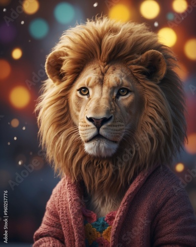 Adorable Animated Lion Character in Cozy Sweater. photo