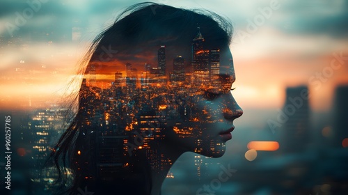 Comparing debt-to-income ratio options for a better home loann dea, copy space, refinancing opportunities, ethereal, Double exposure, cityscape at sunset as backdrop photo