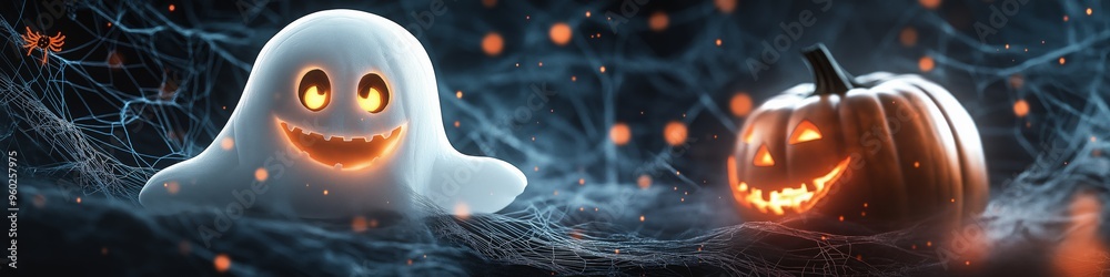 A Halloween themed image featuring a ghost and a pumpkin. The ghost is smiling and the pumpkin is lit up with a light. Scene is spooky and festive A Halloween themed image featuring a ghost and a pumpkin. The ghost is smiling and the pumpkin is lit up with a light. Scene is spooky and festive