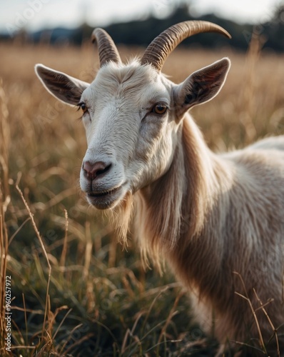 Closeup of a goat grazing grass in the field.