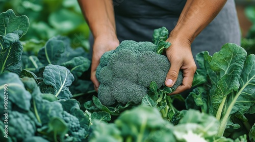 Close-up of hands cutting a large head of broccoli from its stalk in a garden, surrounded by other green vegetables photo