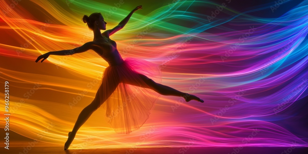 Naklejka premium A woman in a tutu is dancing in the air. The image is a colorful, abstract representation of a dancer