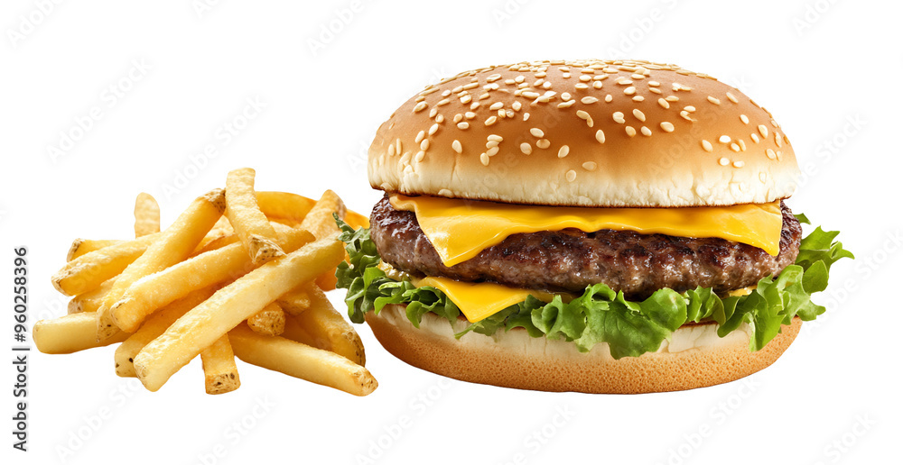 A hamburger with cheese and lettuce next to fries A hamburger with cheese and lettuce next to fries