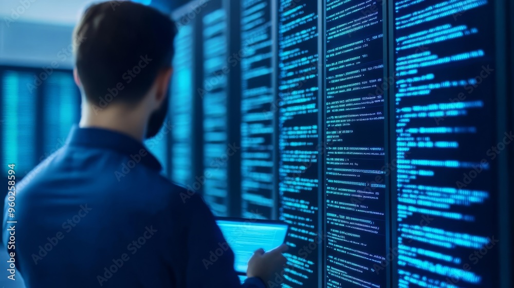 Fototapeta premium Augmented reality database design, coder coding, advanced environment, blue accents