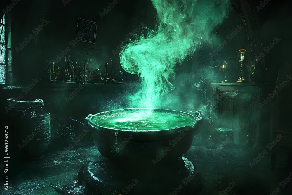 a smoking witch's cauldron in a dark green setting a smoking witch's cauldron in a dark green setting