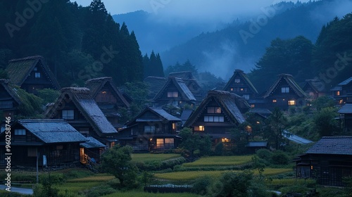 Shirakawa-go's village at twilight, with warm lights glowing from the windows of the traditional houses.