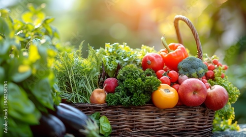 Fresh organic fruits and vegetables in wicker basket