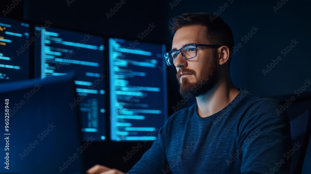 Coder designing database, digital displays, advanced tech environment, glowing blue Coder designing database, digital displays, advanced tech environment, glowing blue