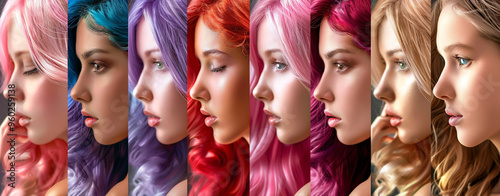 Different women with colored hair show different hairstyles on their own frames photo