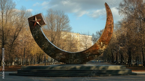 Soviet-era monument with a hammer and sickle, symbolizing Russia's communist past. photo