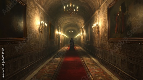 An eerie hallway with a long red carpet leading to a shadowy figure at the end ancient paintings on the walls and chandeliers dimly lit