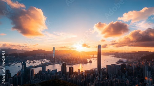 Hong Kong Cityscape Sunset Skyline with Golden Clouds