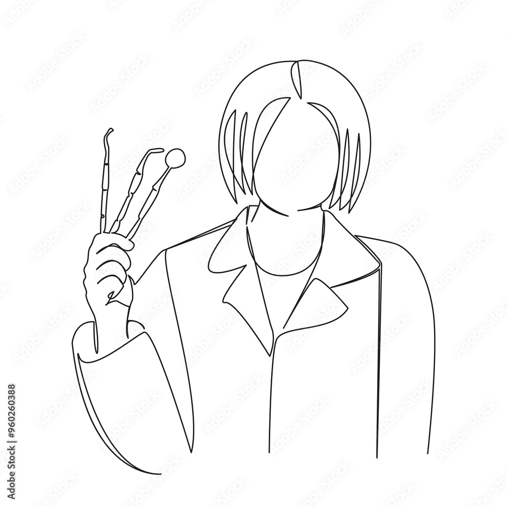 One continuous single drawing line art flat doodle dentist, person, female, patient, adult, horizontal, photography, medical exam, orthodontist, care. Isolated image hand draw contour on a white backg