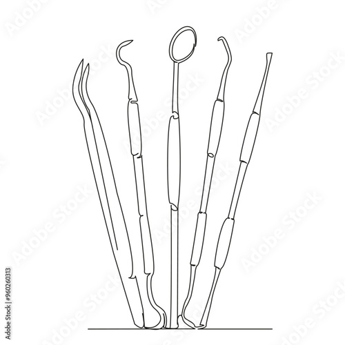 One continuous single drawing line art flat doodle tool, dentist, hygiene, equipment, dental, teeth, metal, clinic, instrument, medicine. Isolated image hand draw contour on a white background
