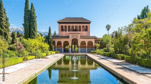 The Alhambra Generalife Pavilion with its beautiful gardens and fountains under a clear blue sky.