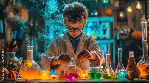 A young boy dressed as a mad scientist mixes colorful potions in a makeshift lab filled with bubbling beakers and spooky Halloween props photo